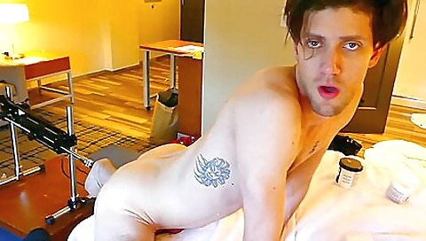 Brunette teen is fucking with a large dildo and a machine
