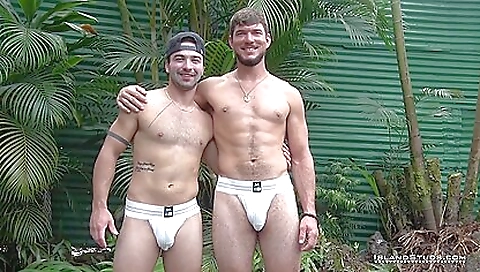 Hot outdoor porn video with a hot brunette and two studs