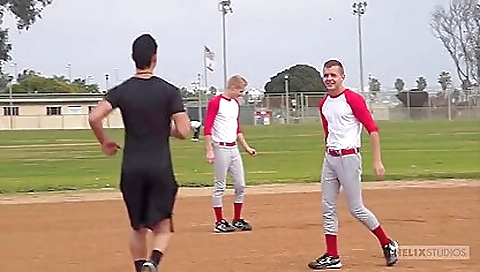 Brunette plays baseball and gets a face in her mouth