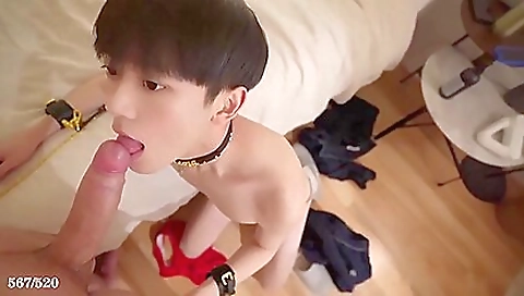 Asian babe in black panties gets it in mouth and gets creampied