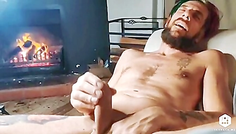 tattooed solo sex in the living room with cum in my mouth