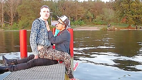 Brunette teen has a great idea of having a kiss outdoors